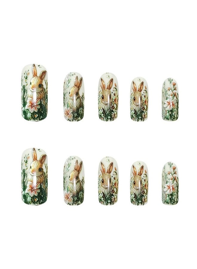 HJKDSFD Easter Cute Rabbit Press on Nails Square Short Fake Nails 3D Embossed False Nails with Flower Bunny Designs Reusable Full Cover Glue on Nail Easter Acrylic Nails Kit for Women Girls 24Pcs - Image 5